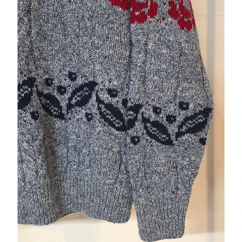 Vintage Cable Knit Fair Isle Sweater Blue Red Floral Navy‎ Leaf Pattern Unisex M